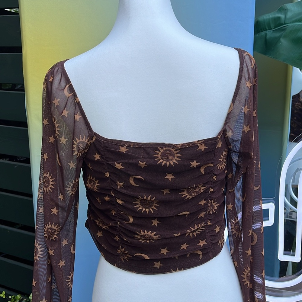 Altar’d State Mesh Crop Top Sheer Sleeves Sun Moon Ruched Sz L - Picture 4 of 10
